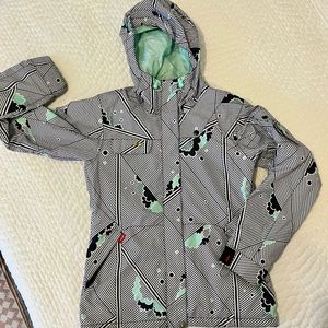 Foursquare graphic print snowboarding jacket, women’s medium in white/black/teal